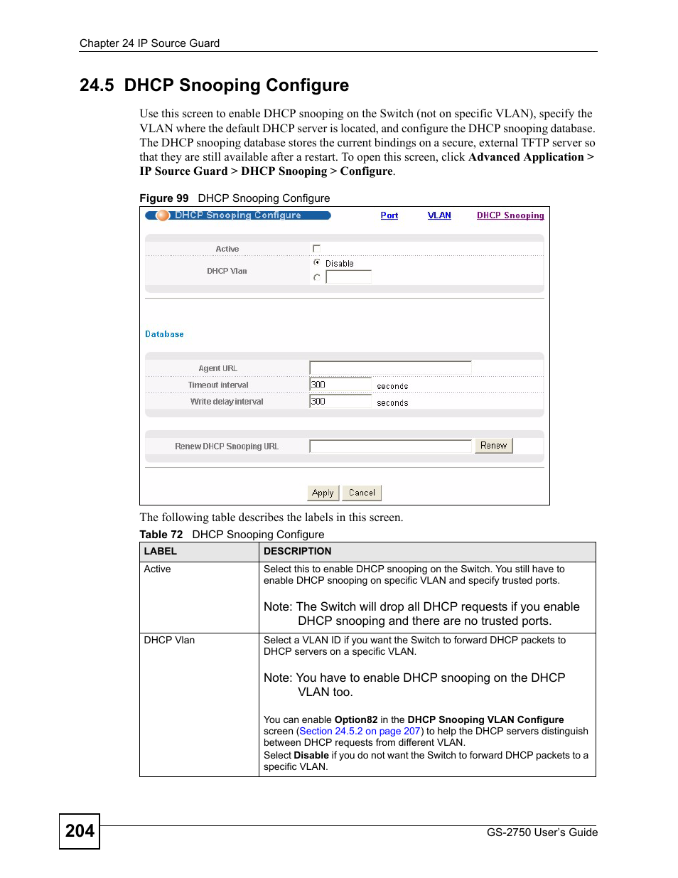 5 dhcp snooping configure, Figure 99 dhcp snooping configure, Table 72 dhcp snooping configure | ZyXEL Communications GS-2750 User Manual | Page 204 / 336