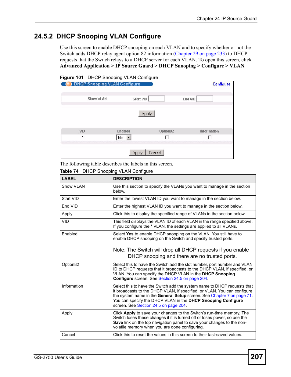2 dhcp snooping vlan configure, Figure 101 dhcp snooping vlan configure, Table 74 dhcp snooping vlan configure | ZyXEL Communications GS-2750 User Manual | Page 207 / 336
