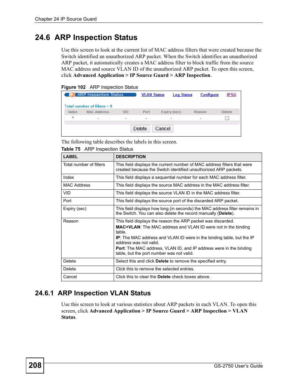 6 arp inspection status, 1 arp inspection vlan status, Figure 102 arp inspection status | Table 75 arp inspection status | ZyXEL Communications GS-2750 User Manual | Page 208 / 336