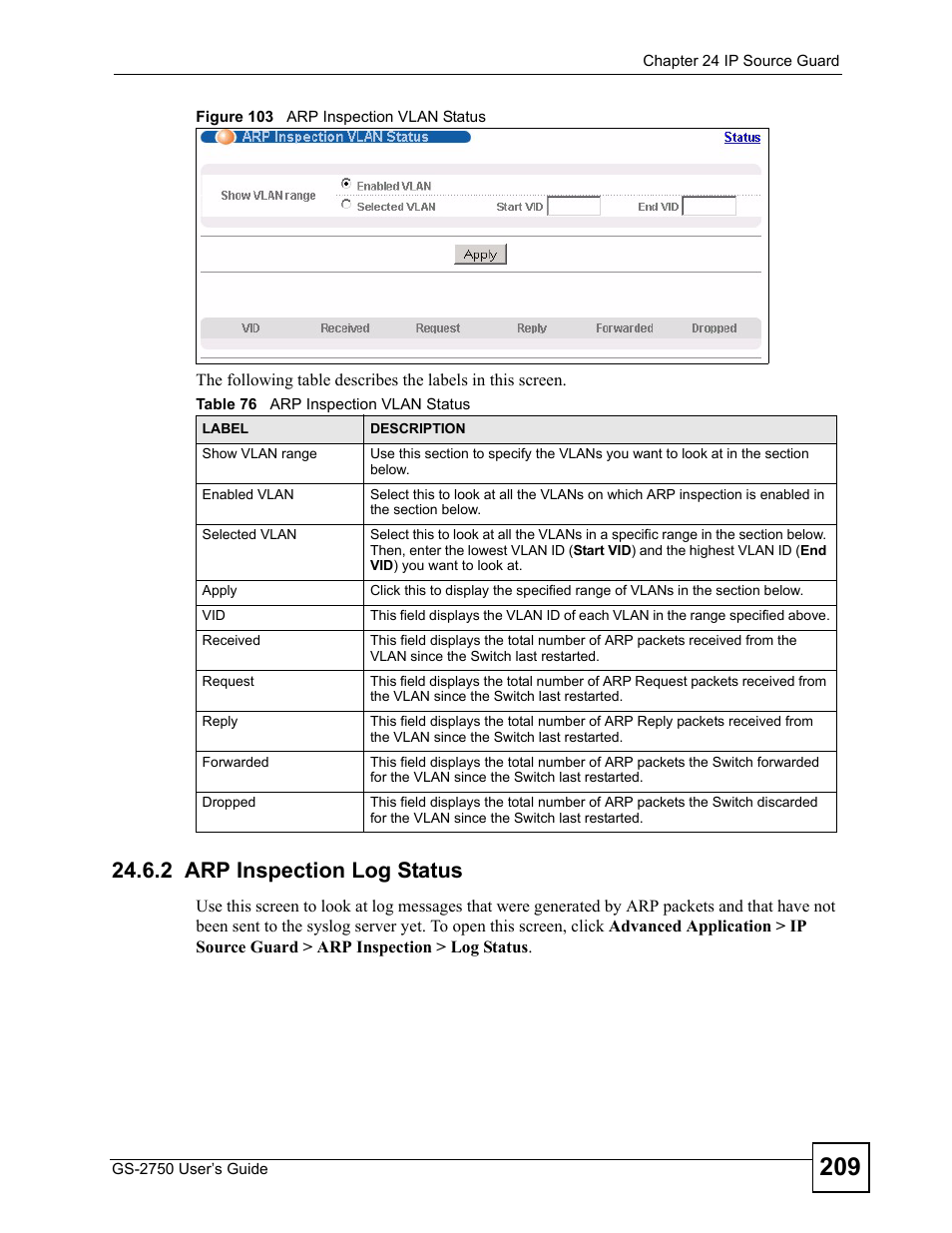 2 arp inspection log status, Figure 103 arp inspection vlan status, Table 76 arp inspection vlan status | ZyXEL Communications GS-2750 User Manual | Page 209 / 336