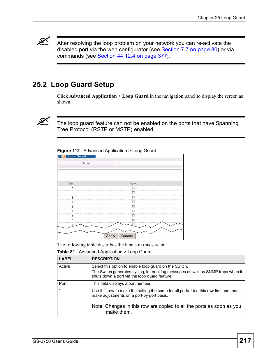 2 loop guard setup, Figure 112 advanced application > loop guard, Table 81 advanced application > loop guard | ZyXEL Communications GS-2750 User Manual | Page 217 / 336