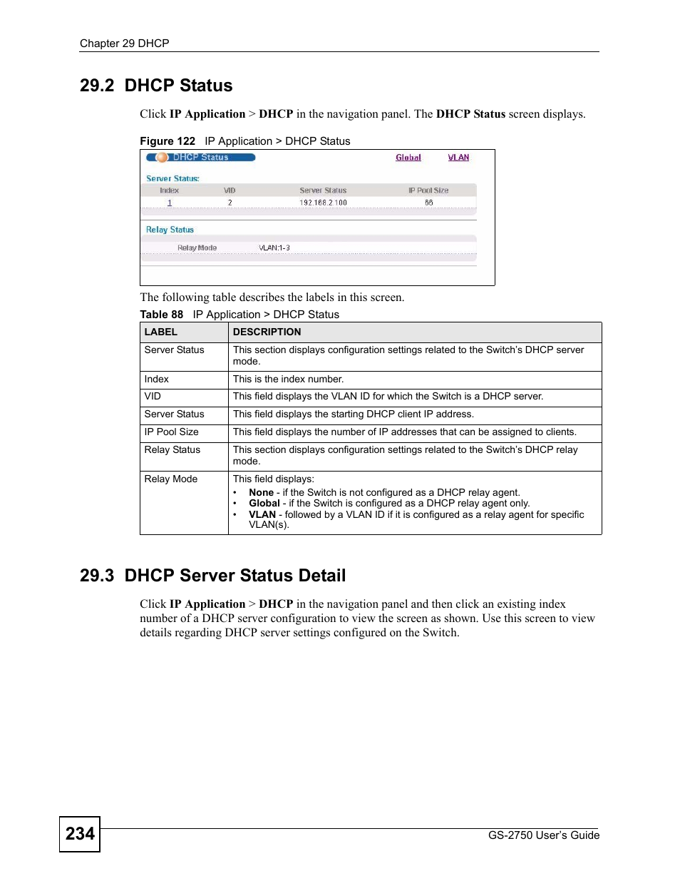 2 dhcp status, 3 dhcp server status detail, Figure 122 ip application > dhcp status | Table 88 ip application > dhcp status | ZyXEL Communications GS-2750 User Manual | Page 234 / 336
