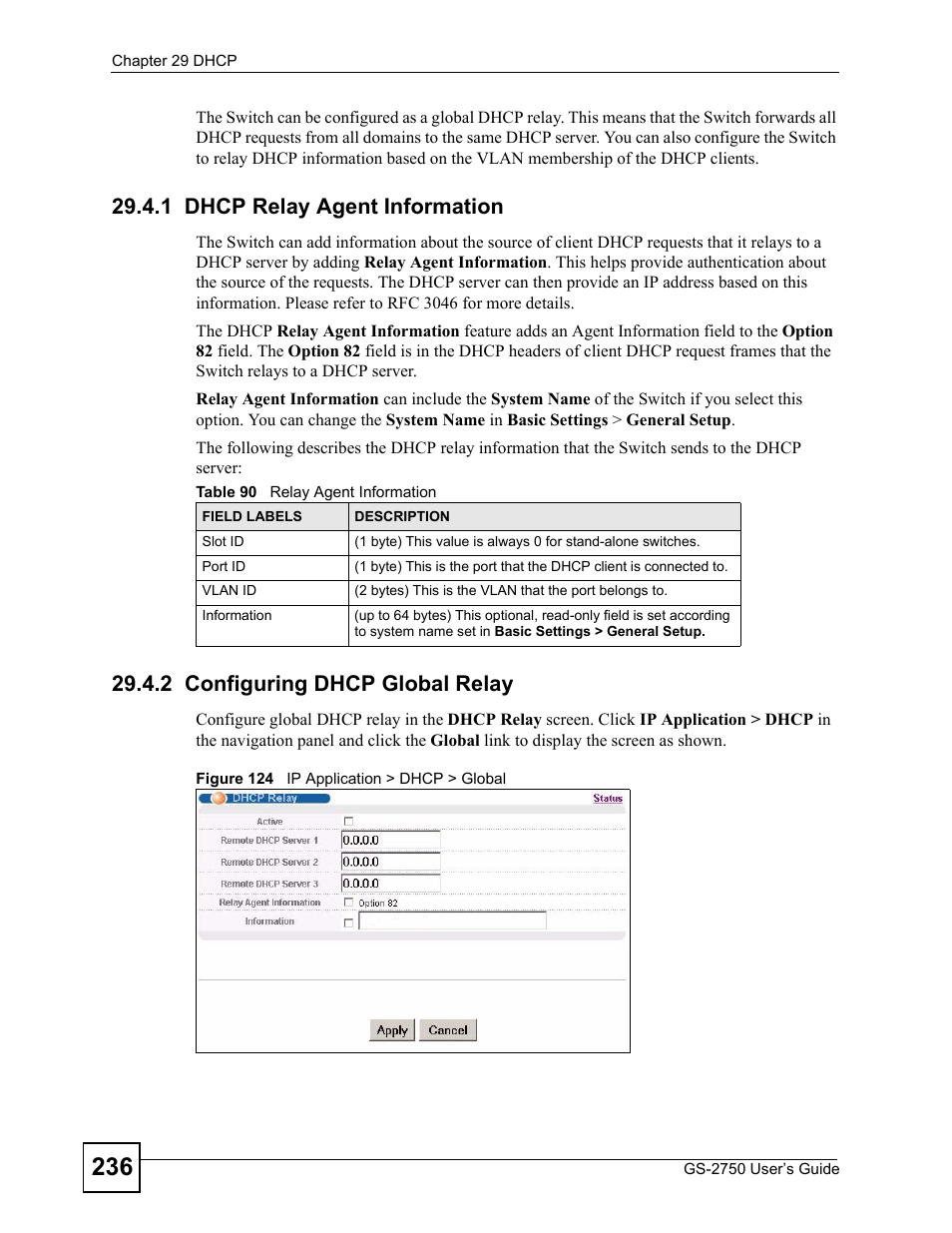 1 dhcp relay agent information, 2 configuring dhcp global relay, Figure 124 ip application > dhcp > global | Table 90 relay agent information | ZyXEL Communications GS-2750 User Manual | Page 236 / 336