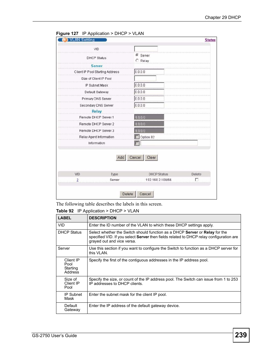 Figure 127 ip application > dhcp > vlan, Table 92 ip application > dhcp > vlan | ZyXEL Communications GS-2750 User Manual | Page 239 / 336