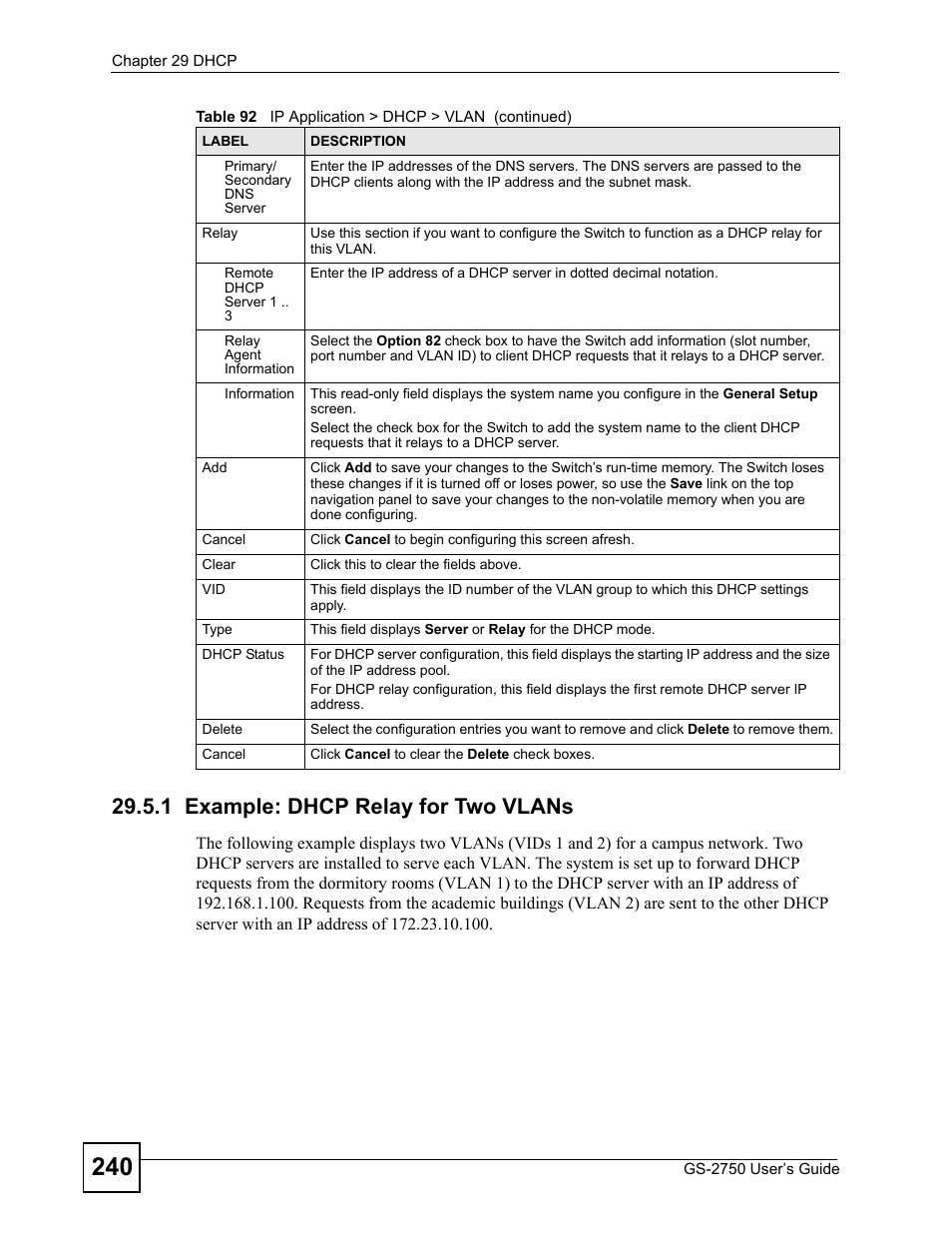 1 example: dhcp relay for two vlans | ZyXEL Communications GS-2750 User Manual | Page 240 / 336