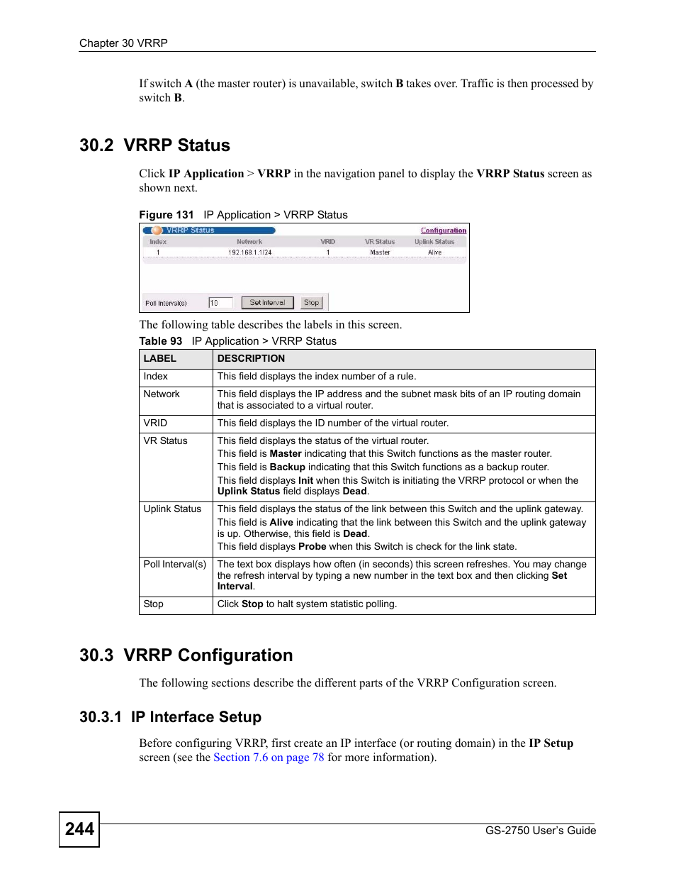 2 vrrp status, 3 vrrp configuration, 1 ip interface setup | 2 vrrp status 30.3 vrrp configuration, Figure 131 ip application > vrrp status, Table 93 ip application > vrrp status | ZyXEL Communications GS-2750 User Manual | Page 244 / 336