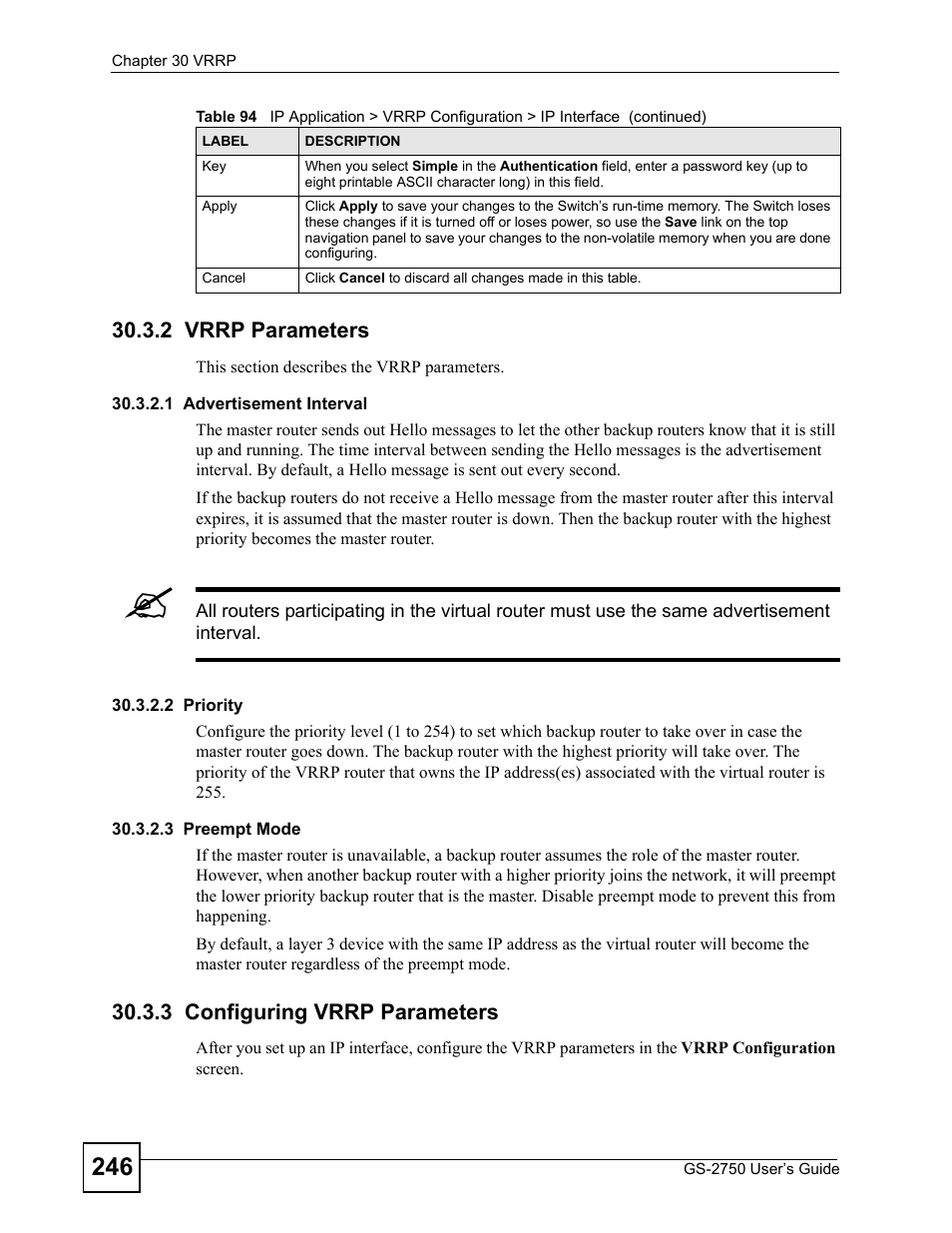 2 vrrp parameters, 3 configuring vrrp parameters | ZyXEL Communications GS-2750 User Manual | Page 246 / 336