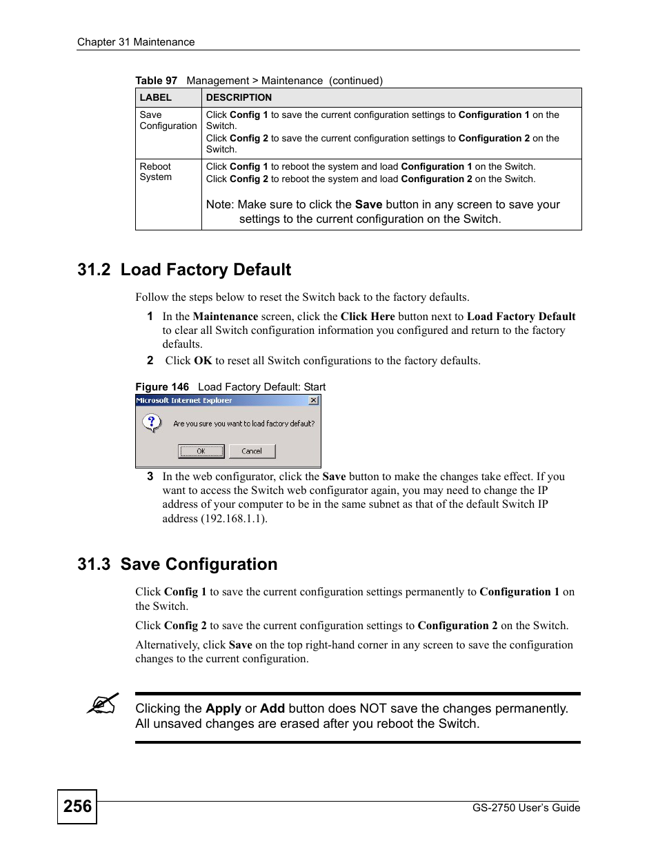 2 load factory default, 3 save configuration, 2 load factory default 31.3 save configuration | Figure 146 load factory default: start | ZyXEL Communications GS-2750 User Manual | Page 256 / 336