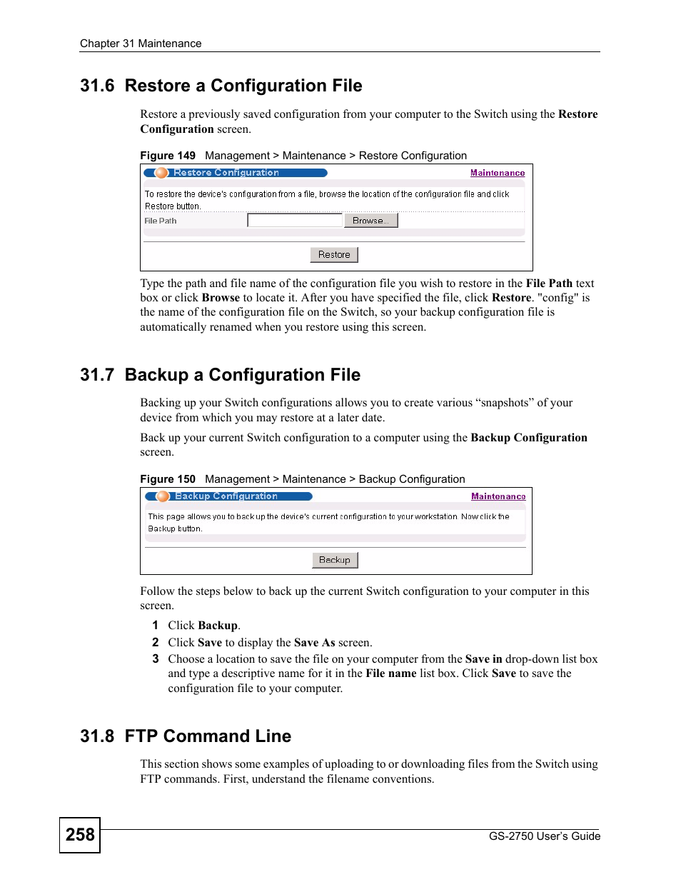 6 restore a configuration file, 7 backup a configuration file, 8 ftp command line | ZyXEL Communications GS-2750 User Manual | Page 258 / 336