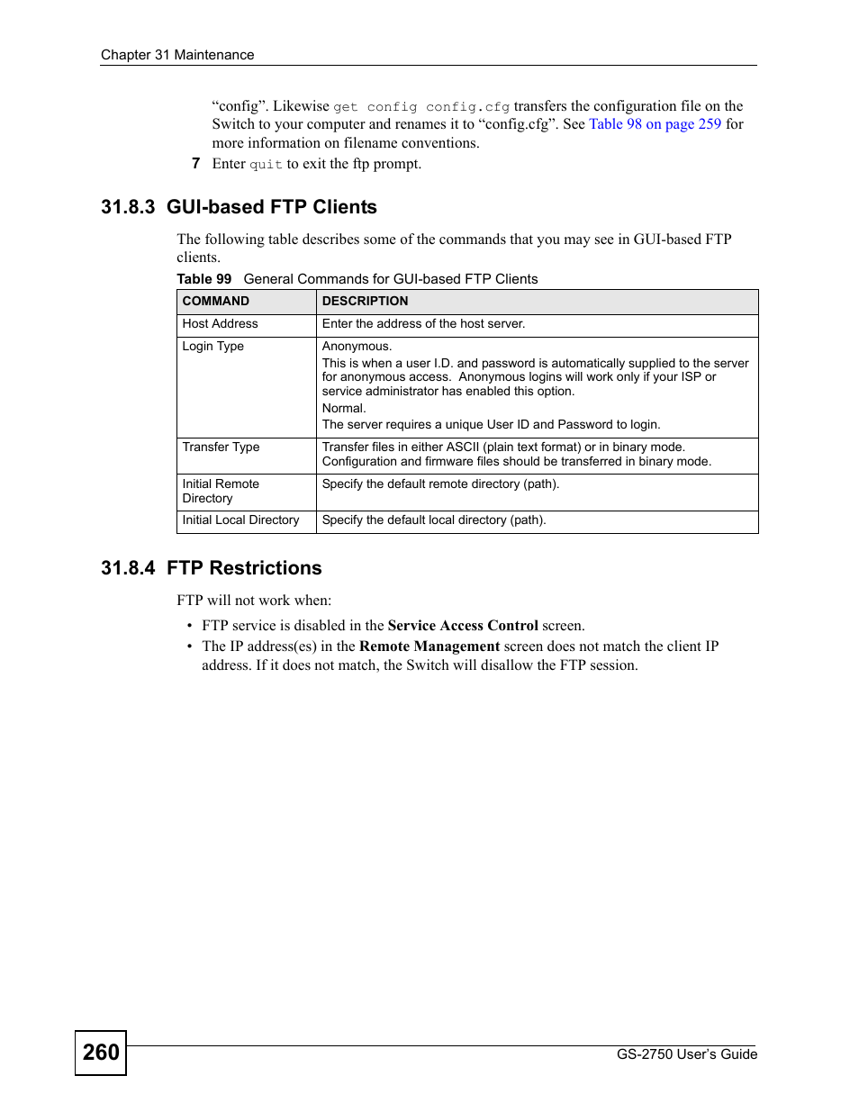 3 gui-based ftp clients, 4 ftp restrictions, 3 gui-based ftp clients 31.8.4 ftp restrictions | ZyXEL Communications GS-2750 User Manual | Page 260 / 336