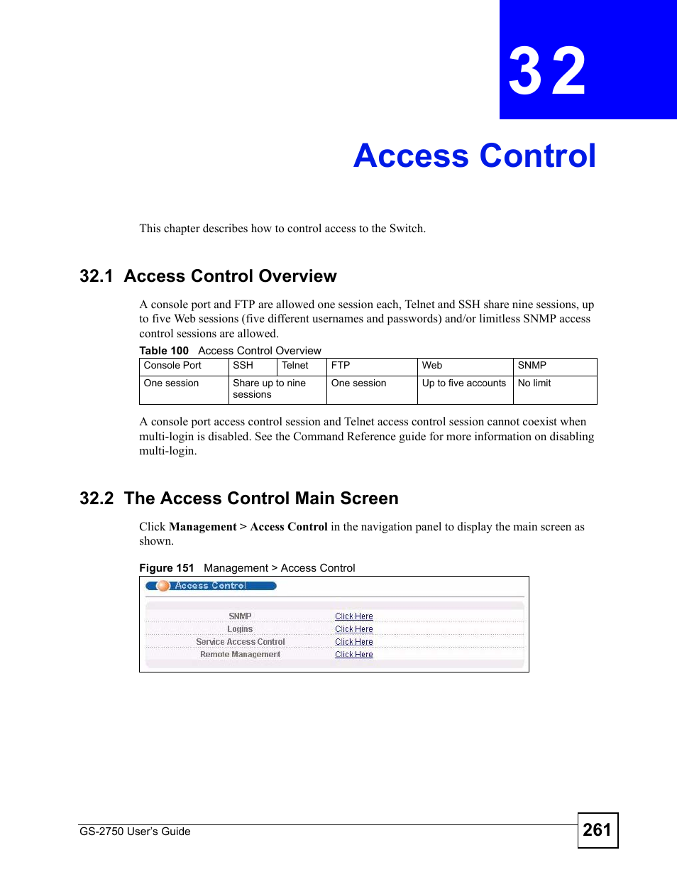 Access control, 1 access control overview, 2 the access control main screen | Chapter 32 access control, Figure 151 management > access control, Table 100 access control overview, Access control (261) | ZyXEL Communications GS-2750 User Manual | Page 261 / 336