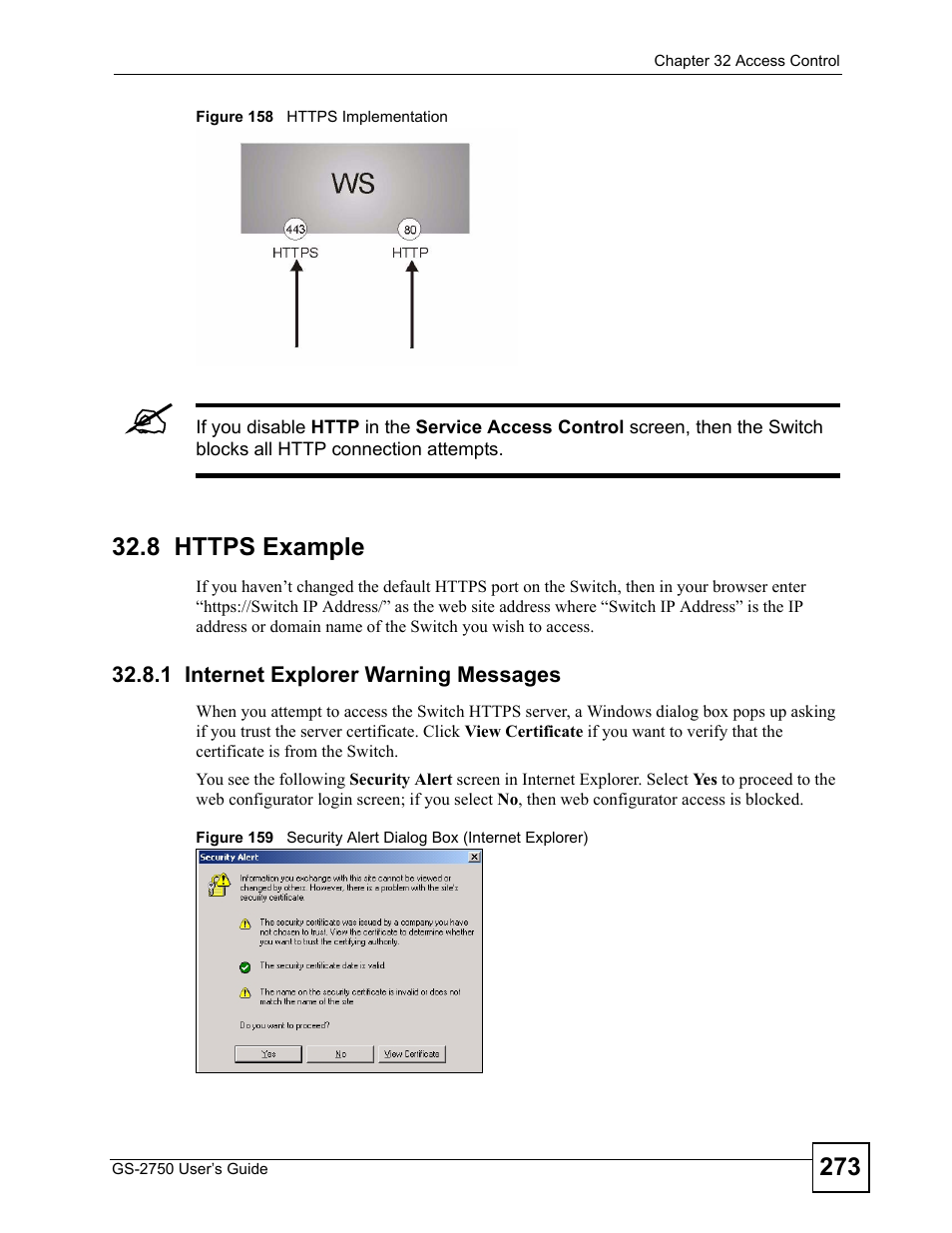 8 https example, 1 internet explorer warning messages | ZyXEL Communications GS-2750 User Manual | Page 273 / 336