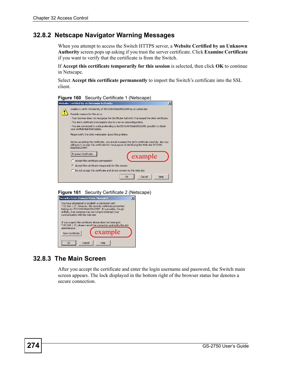 2 netscape navigator warning messages, 3 the main screen, Example | ZyXEL Communications GS-2750 User Manual | Page 274 / 336