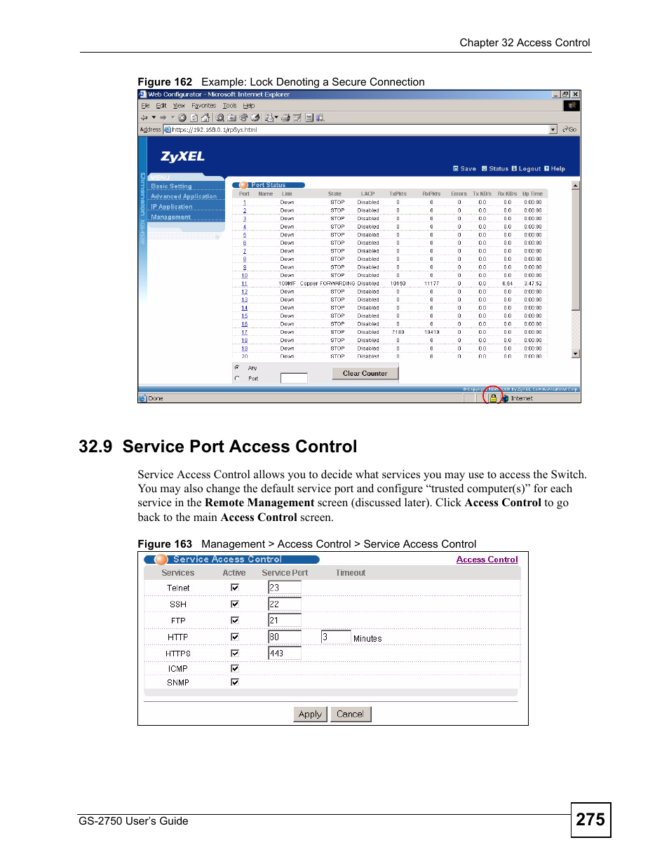 9 service port access control | ZyXEL Communications GS-2750 User Manual | Page 275 / 336