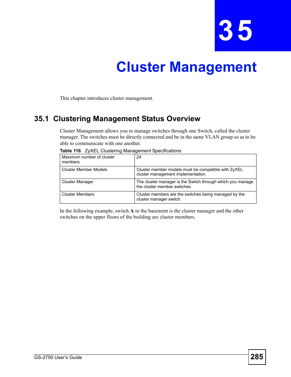 Cluster management, 1 clustering management status overview, Chapter 35 cluster management | Cluster management (285) | ZyXEL Communications GS-2750 User Manual | Page 285 / 336