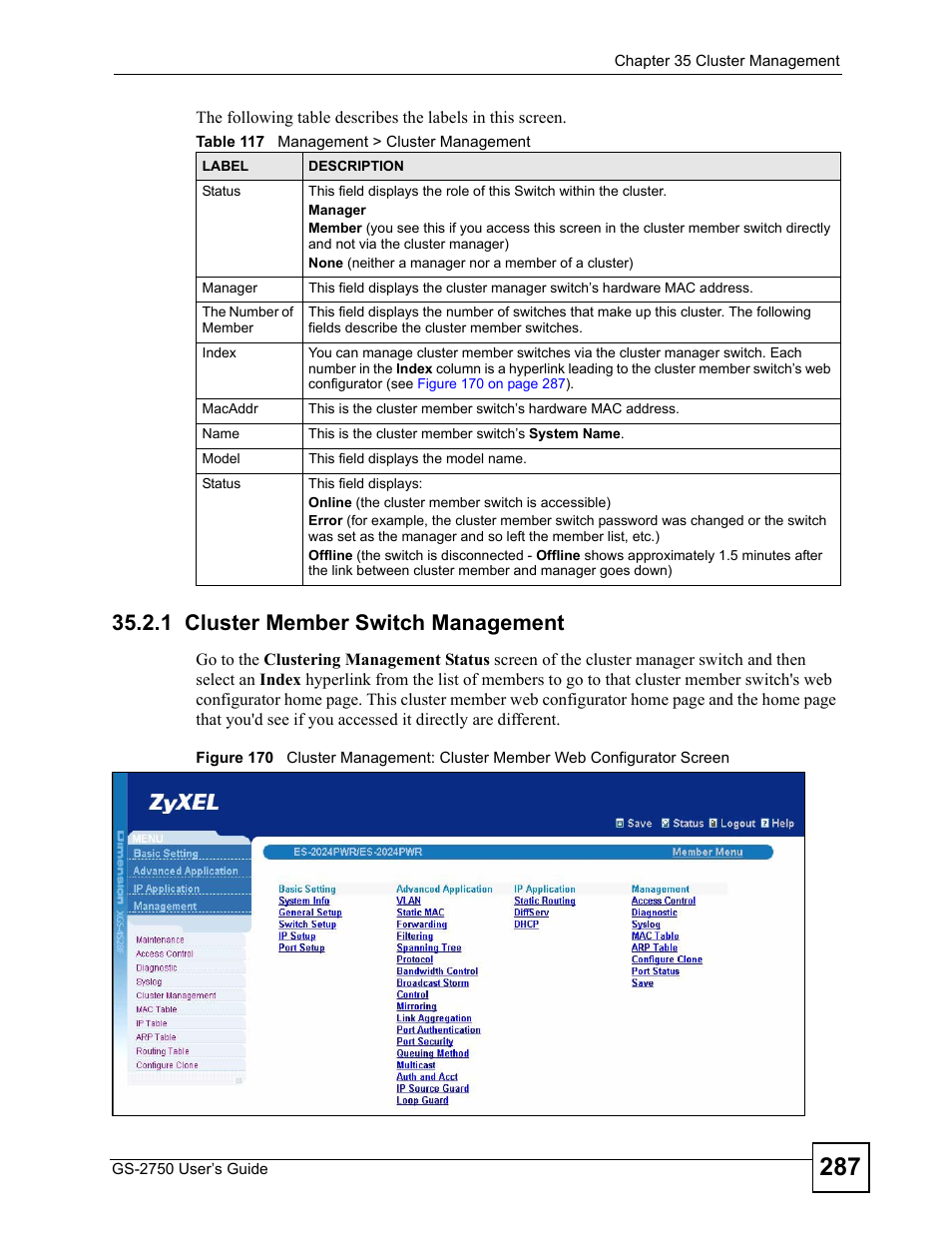 1 cluster member switch management, Table 117 management > cluster management | ZyXEL Communications GS-2750 User Manual | Page 287 / 336