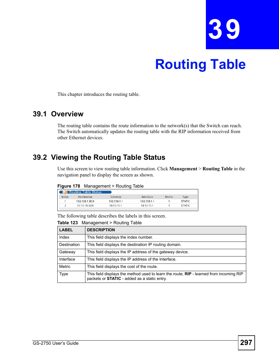 Routing table, 1 overview, 2 viewing the routing table status | Chapter 39 routing table, 1 overview 39.2 viewing the routing table status, Figure 178 management > routing table, Table 123 management > routing table, Routing table (297) | ZyXEL Communications GS-2750 User Manual | Page 297 / 336