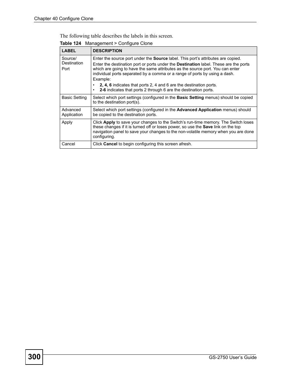 Table 124 management > configure clone | ZyXEL Communications GS-2750 User Manual | Page 300 / 336