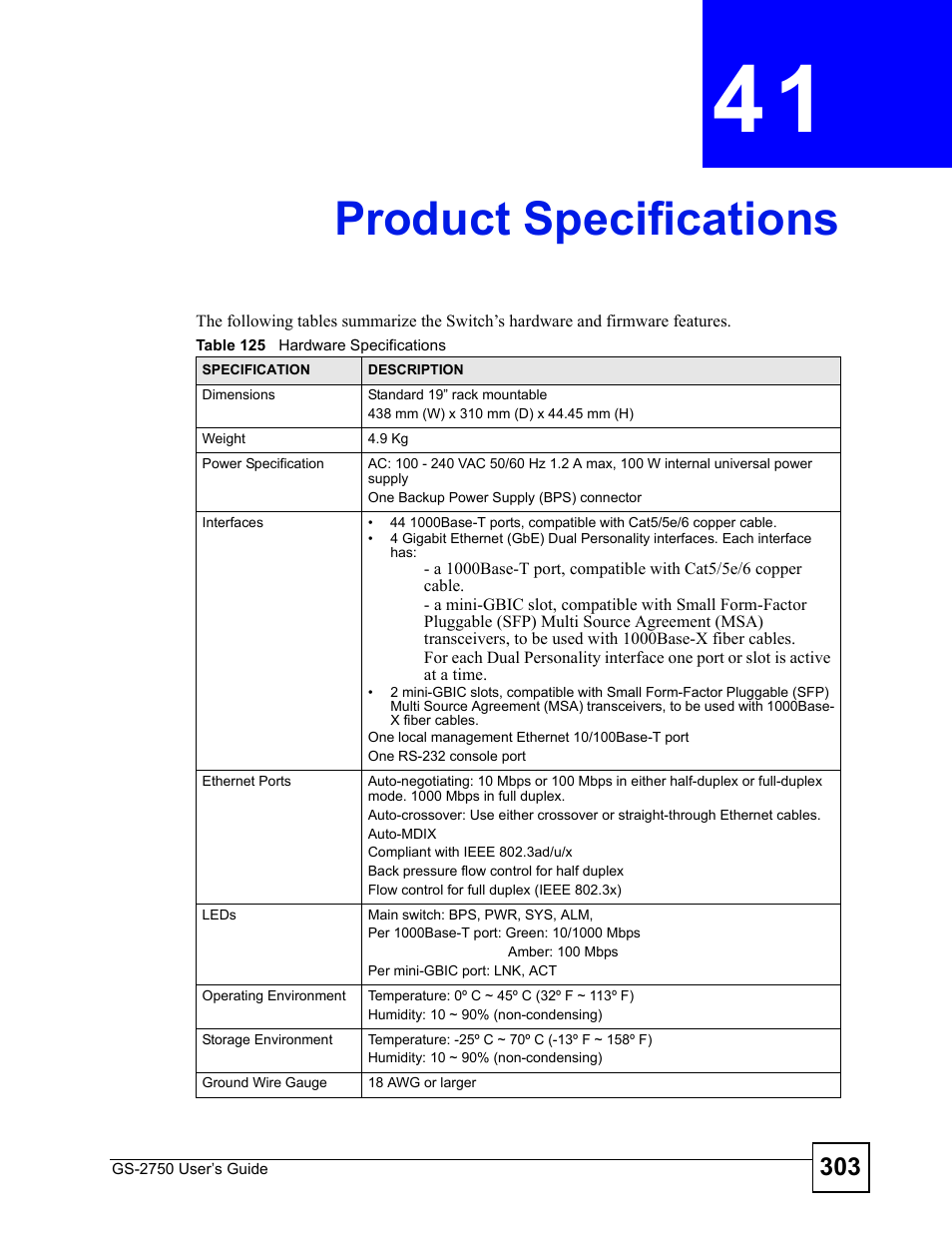 Product specifications, Chapter 41 product specifications, Table 125 hardware specifications | ZyXEL Communications GS-2750 User Manual | Page 303 / 336