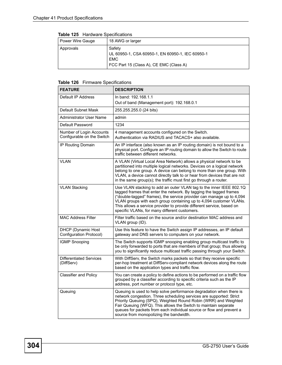 Table 126 firmware specifications | ZyXEL Communications GS-2750 User Manual | Page 304 / 336