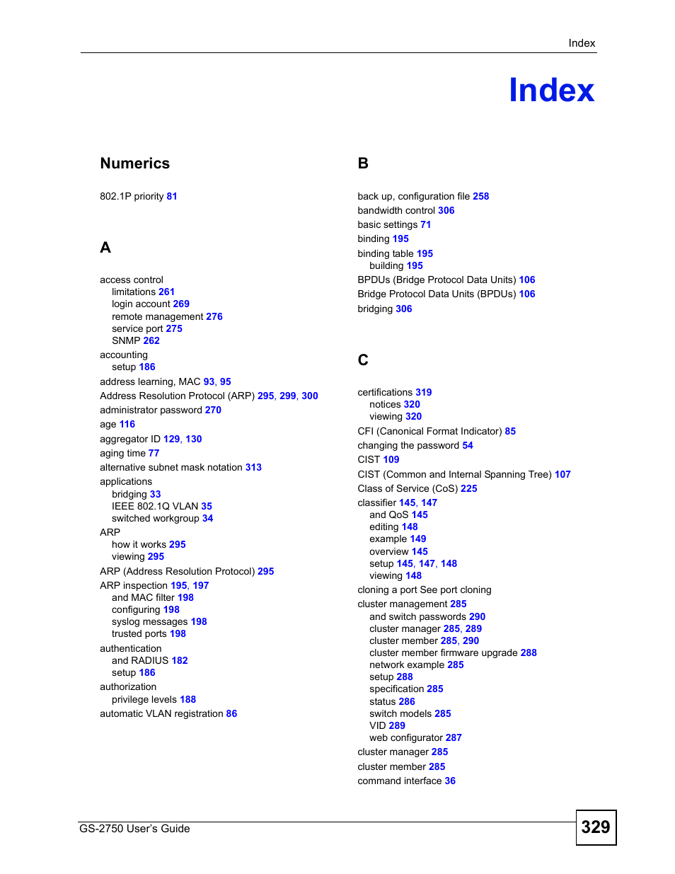 Index, Index (329), Numerics | ZyXEL Communications GS-2750 User Manual | Page 329 / 336