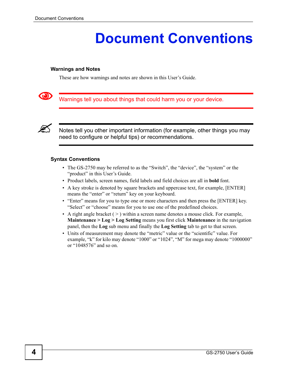Document conventions | ZyXEL Communications GS-2750 User Manual | Page 4 / 336