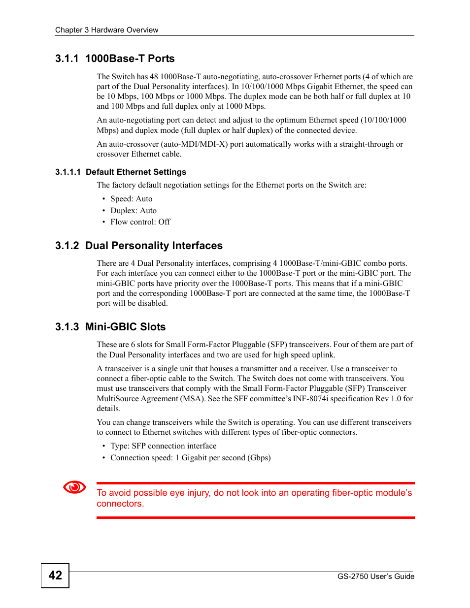 1 1000base-t ports, 2 dual personality interfaces, 3 mini-gbic slots | ZyXEL Communications GS-2750 User Manual | Page 42 / 336