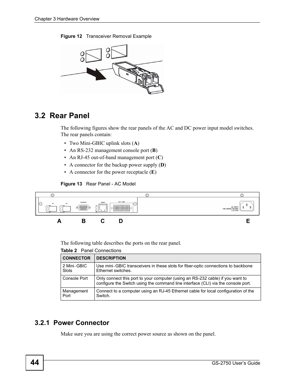 2 rear panel, 1 power connector | ZyXEL Communications GS-2750 User Manual | Page 44 / 336