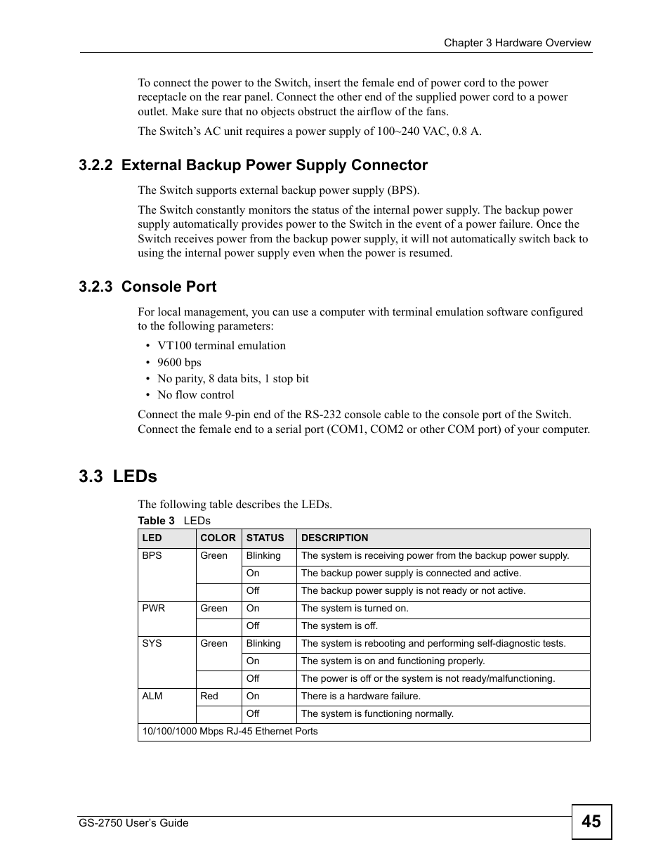 2 external backup power supply connector, 3 console port, 3 leds | ZyXEL Communications GS-2750 User Manual | Page 45 / 336