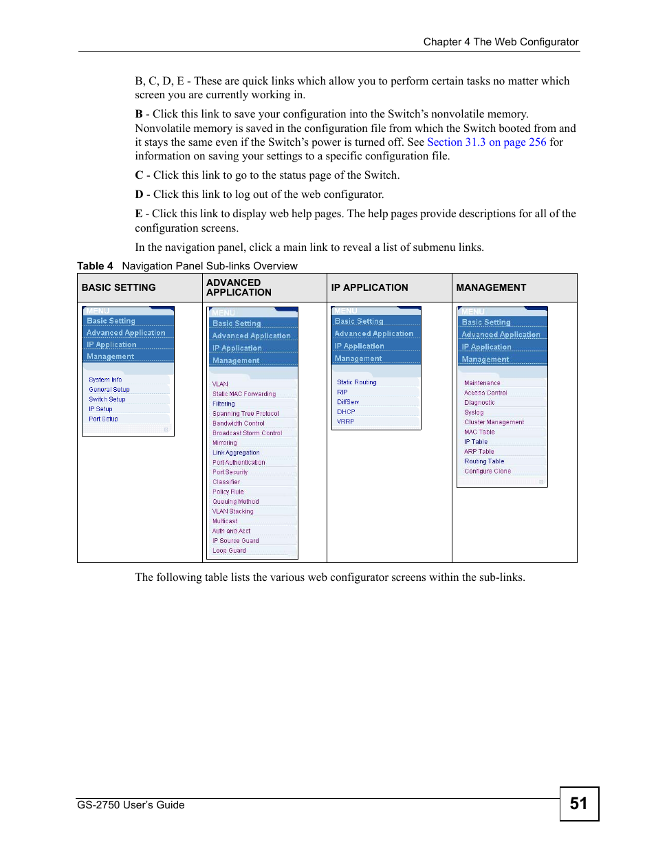 Table 4 navigation panel sub-links overview | ZyXEL Communications GS-2750 User Manual | Page 51 / 336