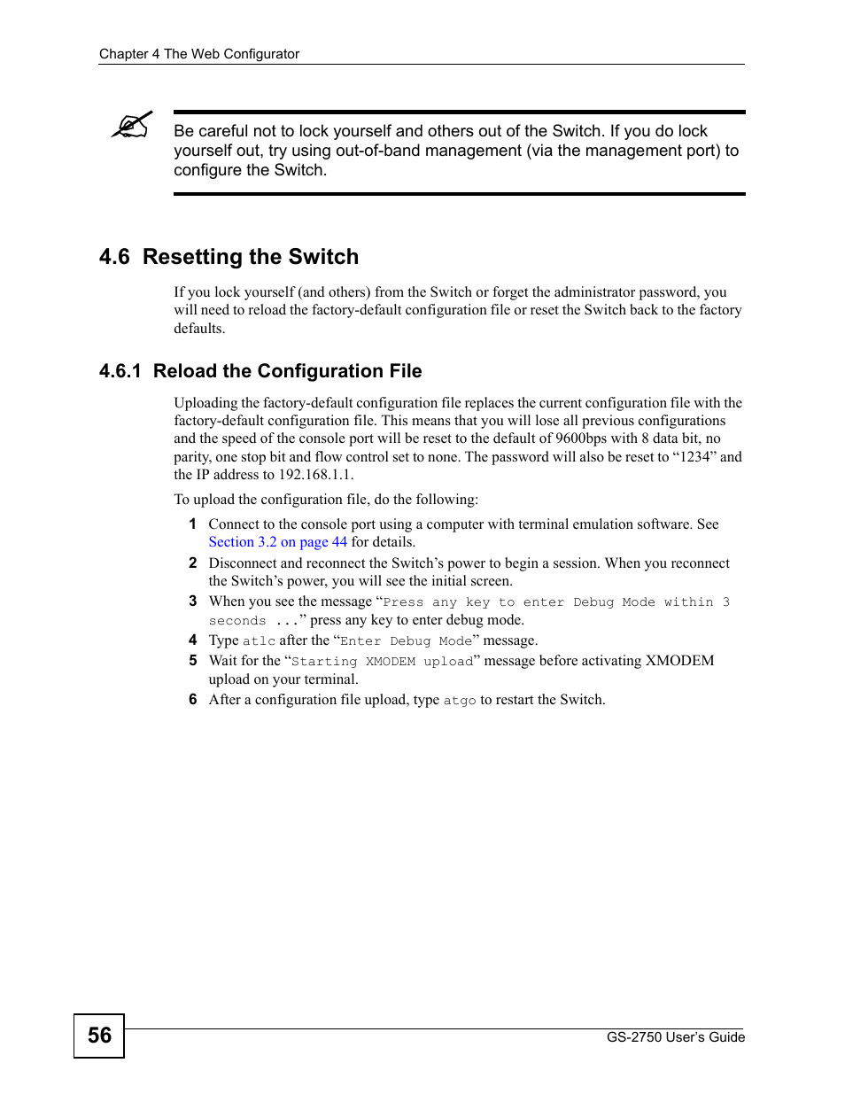 6 resetting the switch, 1 reload the configuration file | ZyXEL Communications GS-2750 User Manual | Page 56 / 336