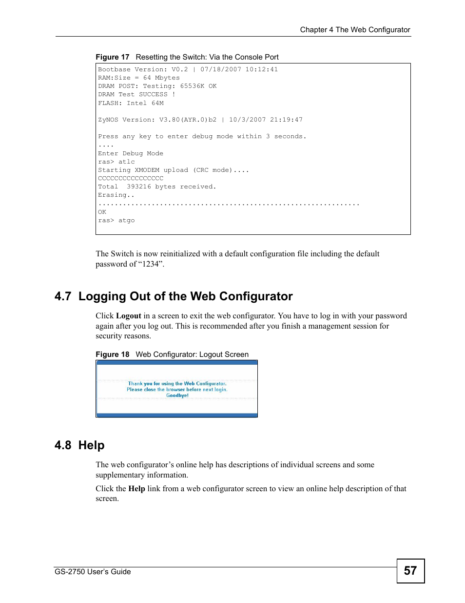 7 logging out of the web configurator, 8 help, 7 logging out of the web configurator 4.8 help | ZyXEL Communications GS-2750 User Manual | Page 57 / 336
