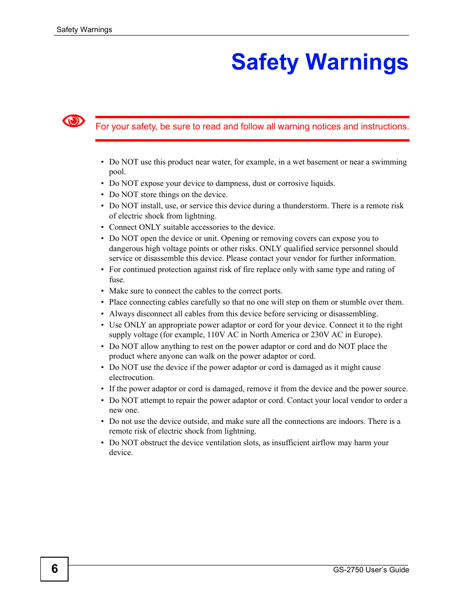 Safety warnings | ZyXEL Communications GS-2750 User Manual | Page 6 / 336