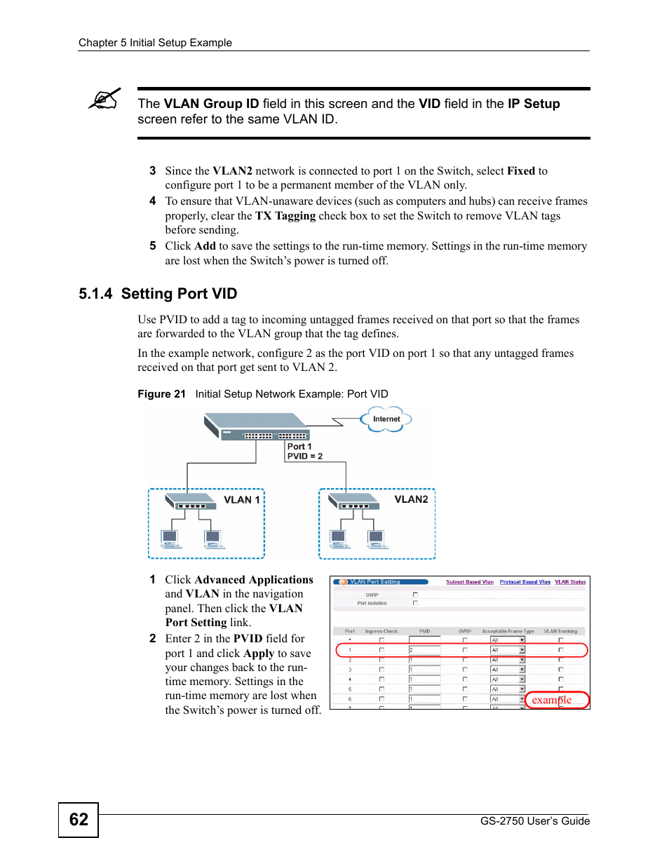 4 setting port vid, Figure 21 initial setup network example: port vid | ZyXEL Communications GS-2750 User Manual | Page 62 / 336