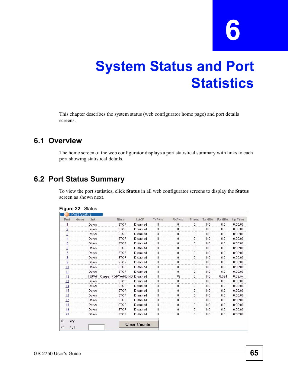 System status and port statistics, 1 overview, 2 port status summary | Chapter 6 system status and port statistics, 1 overview 6.2 port status summary, Figure 22 status, System status and port statistics (65) | ZyXEL Communications GS-2750 User Manual | Page 65 / 336