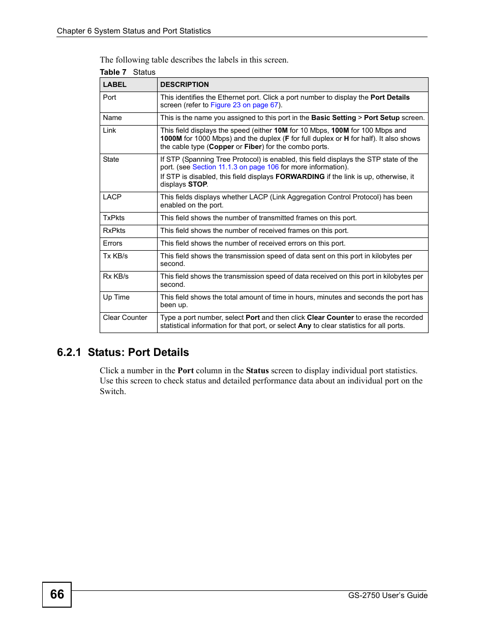 1 status: port details, Table 7 status | ZyXEL Communications GS-2750 User Manual | Page 66 / 336