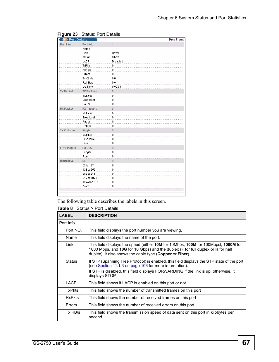 Figure 23 status: port details, Table 8 status > port details | ZyXEL Communications GS-2750 User Manual | Page 67 / 336