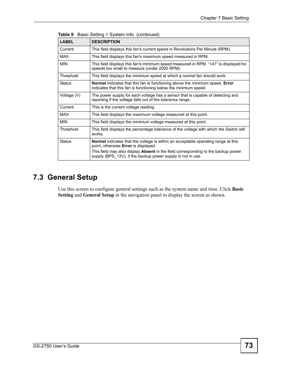 3 general setup, 73 7.3 general setup | ZyXEL Communications GS-2750 User Manual | Page 73 / 336