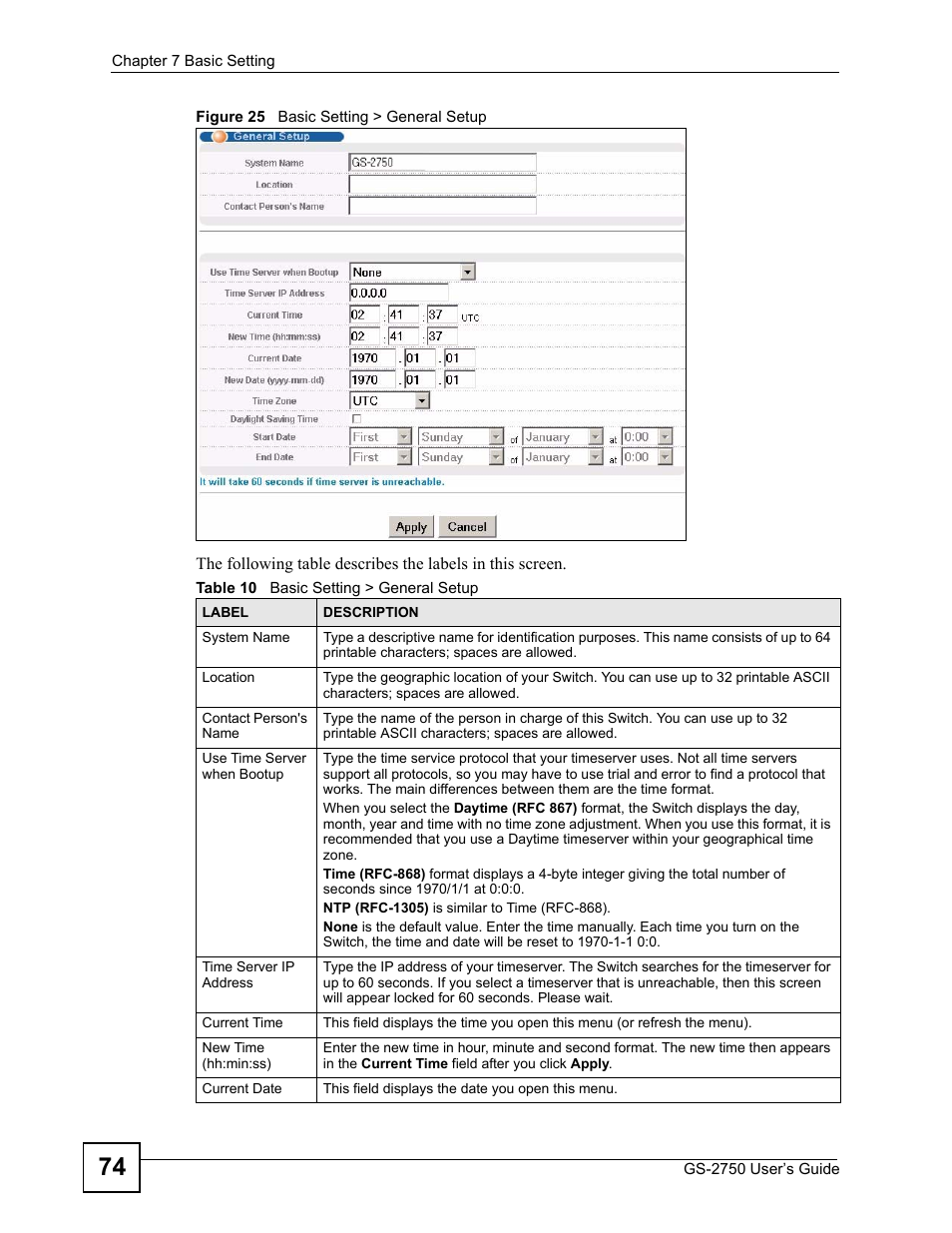 Figure 25 basic setting > general setup, Table 10 basic setting > general setup | ZyXEL Communications GS-2750 User Manual | Page 74 / 336