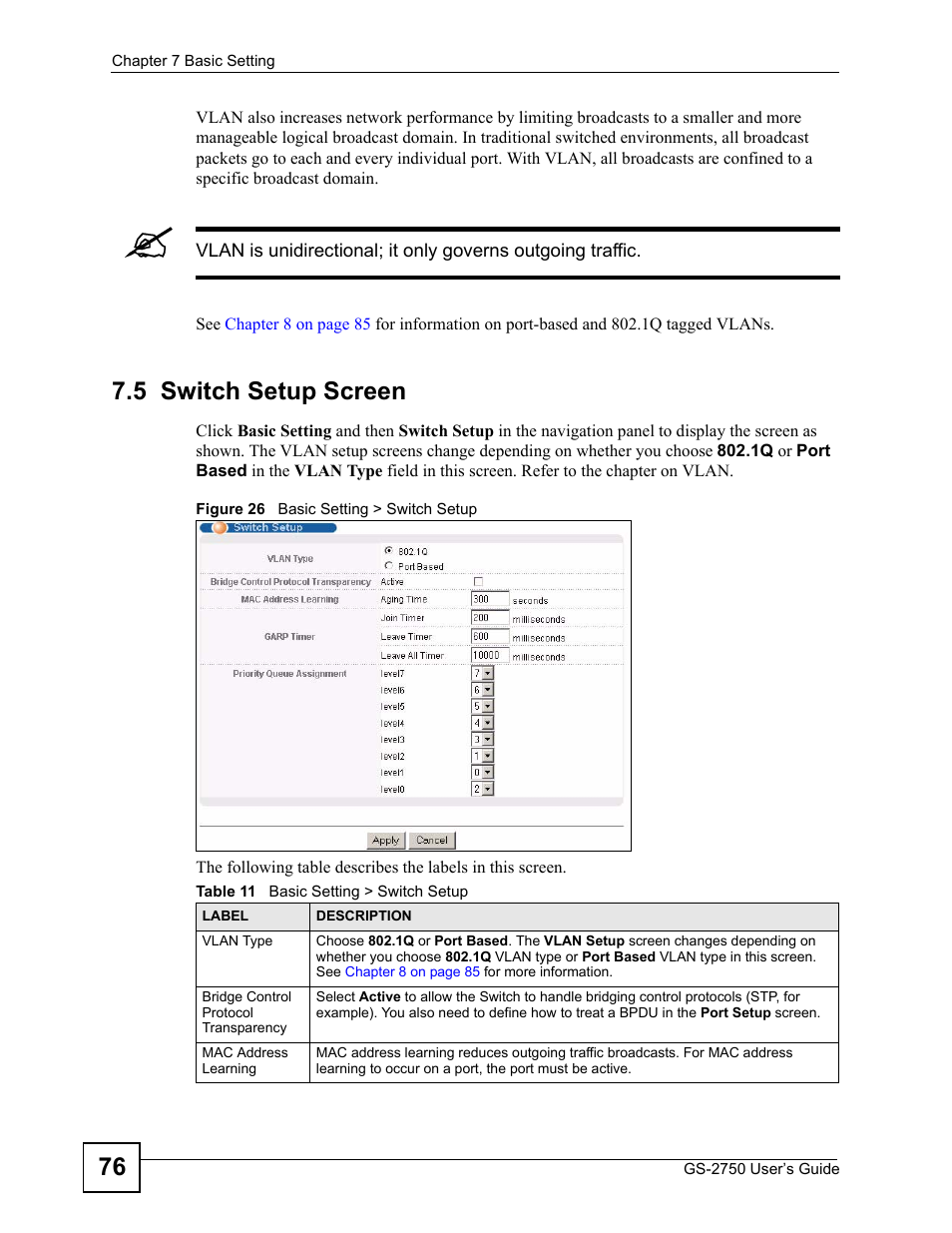 5 switch setup screen, Figure 26 basic setting > switch setup, Table 11 basic setting > switch setup | ZyXEL Communications GS-2750 User Manual | Page 76 / 336