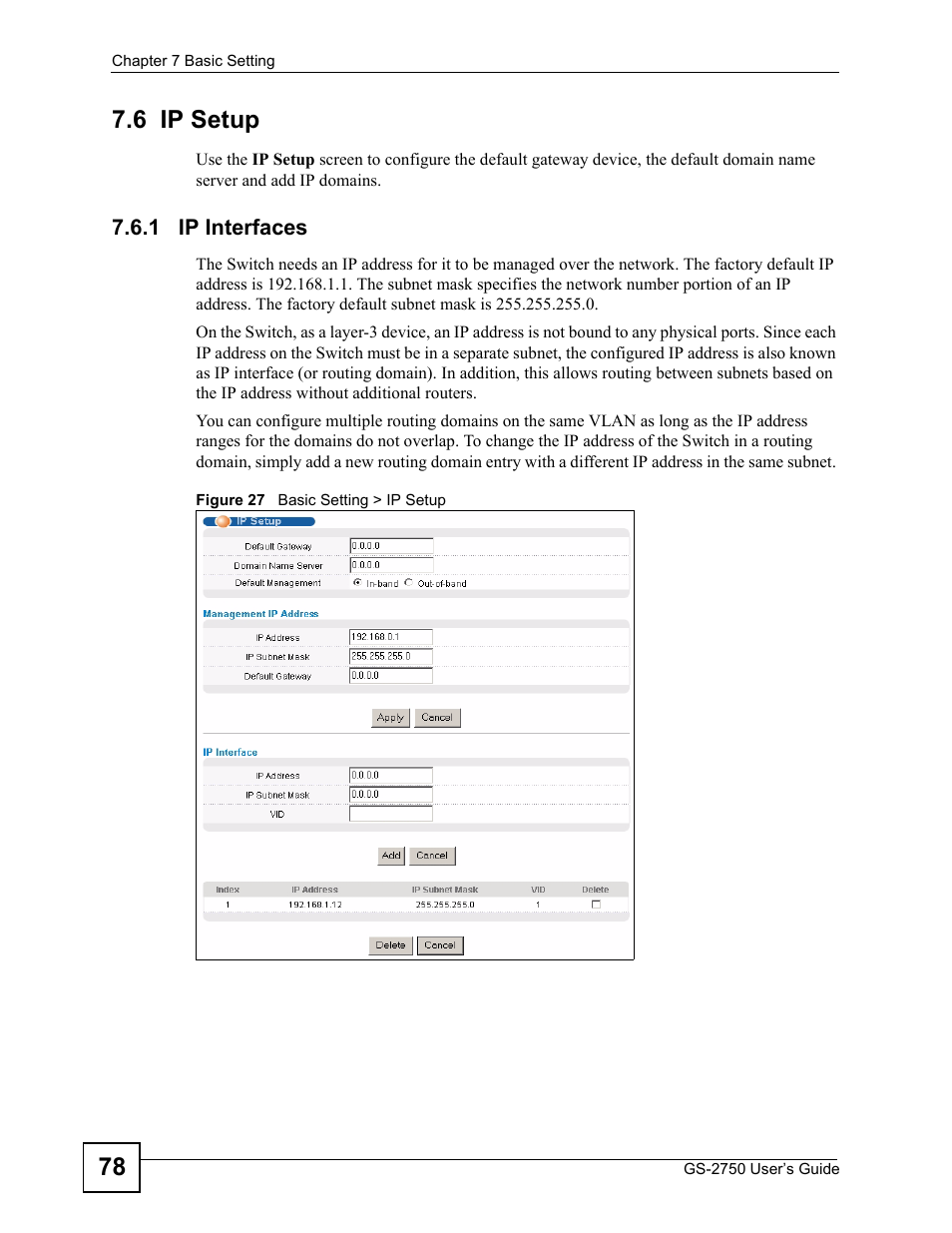 6 ip setup, 1 ip interfaces, Figure 27 basic setting > ip setup | 78 7.6 ip setup | ZyXEL Communications GS-2750 User Manual | Page 78 / 336