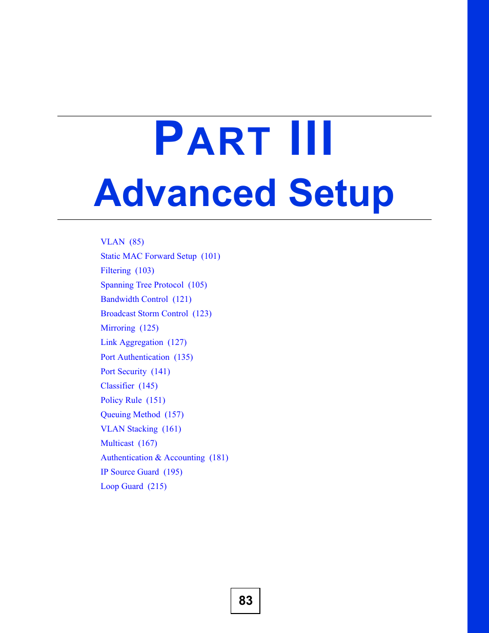 Advanced setup, Part iii: advanced setup | ZyXEL Communications GS-2750 User Manual | Page 83 / 336