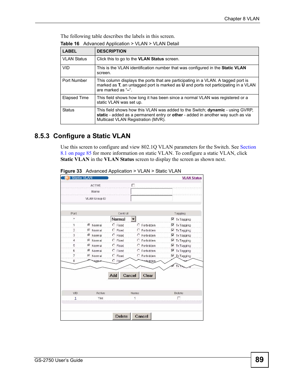 3 configure a static vlan, Table 16 advanced application > vlan > vlan detail | ZyXEL Communications GS-2750 User Manual | Page 89 / 336