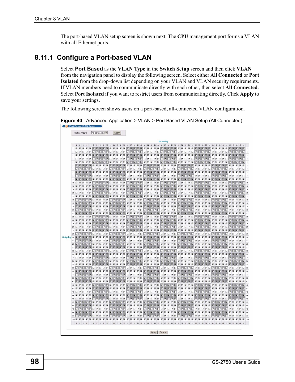 1 configure a port-based vlan | ZyXEL Communications GS-2750 User Manual | Page 98 / 336