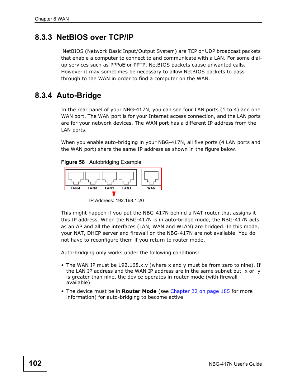 3 netbios over tcp/ip, 4 auto-bridge, 3 netbios over tcp/ip 8.3.4 auto-bridge | ZyXEL Communications NBG-417N User Manual | Page 102 / 270