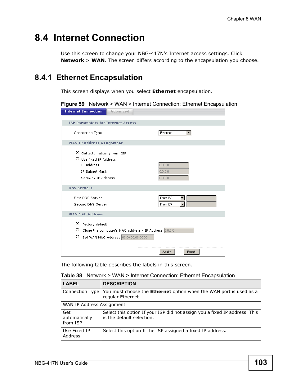 4 internet connection, 1 ethernet encapsulation | ZyXEL Communications NBG-417N User Manual | Page 103 / 270