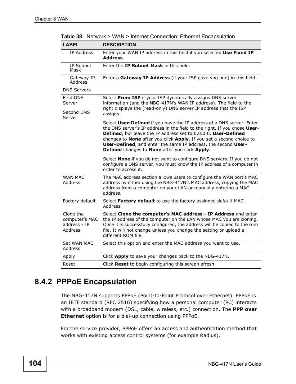 2 pppoe encapsulation | ZyXEL Communications NBG-417N User Manual | Page 104 / 270