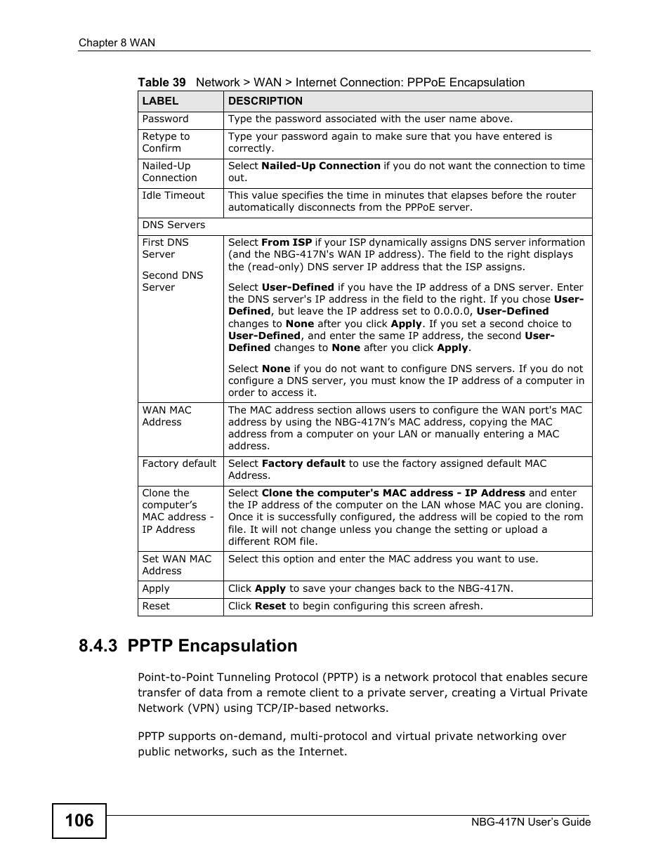 3 pptp encapsulation | ZyXEL Communications NBG-417N User Manual | Page 106 / 270