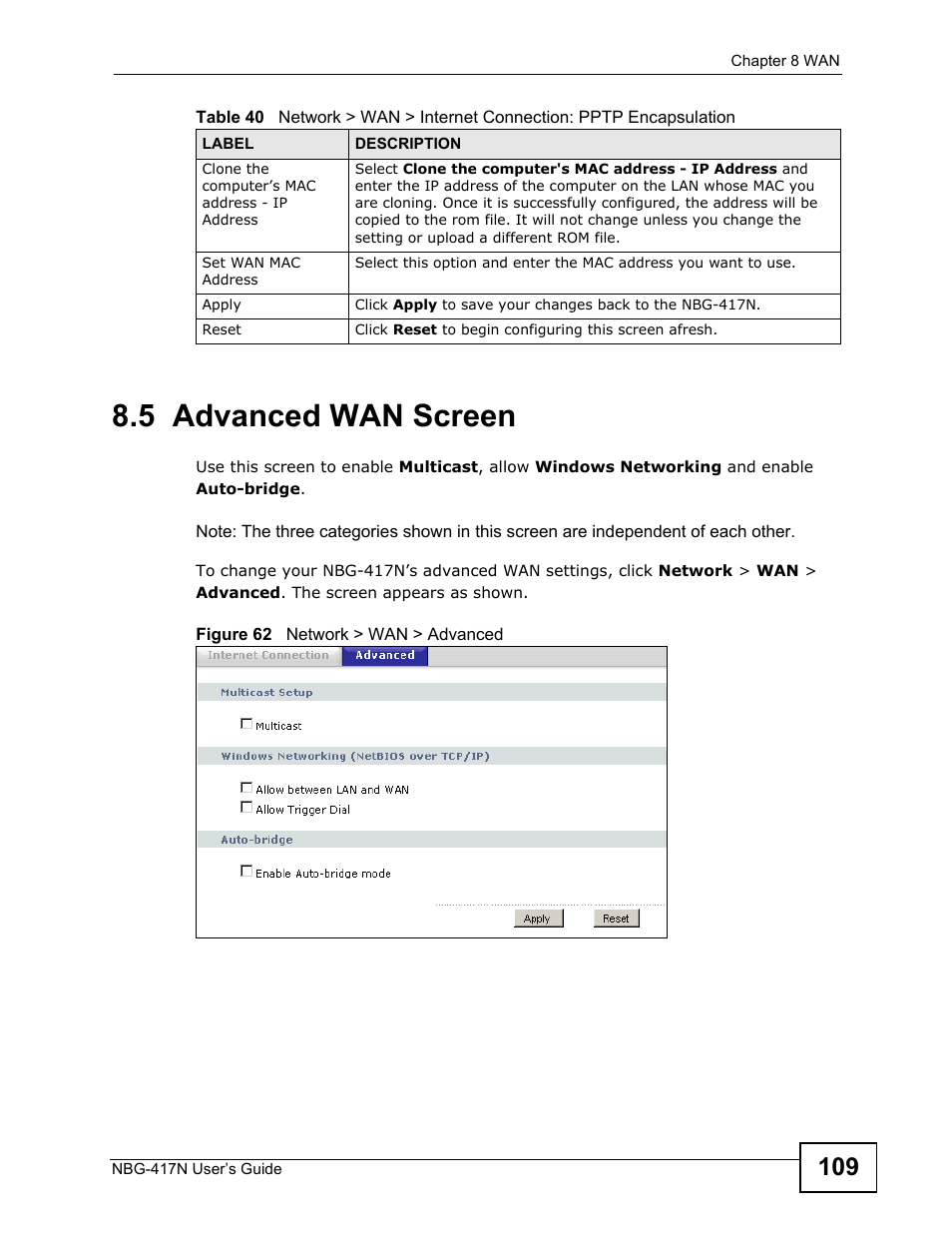 5 advanced wan screen | ZyXEL Communications NBG-417N User Manual | Page 109 / 270