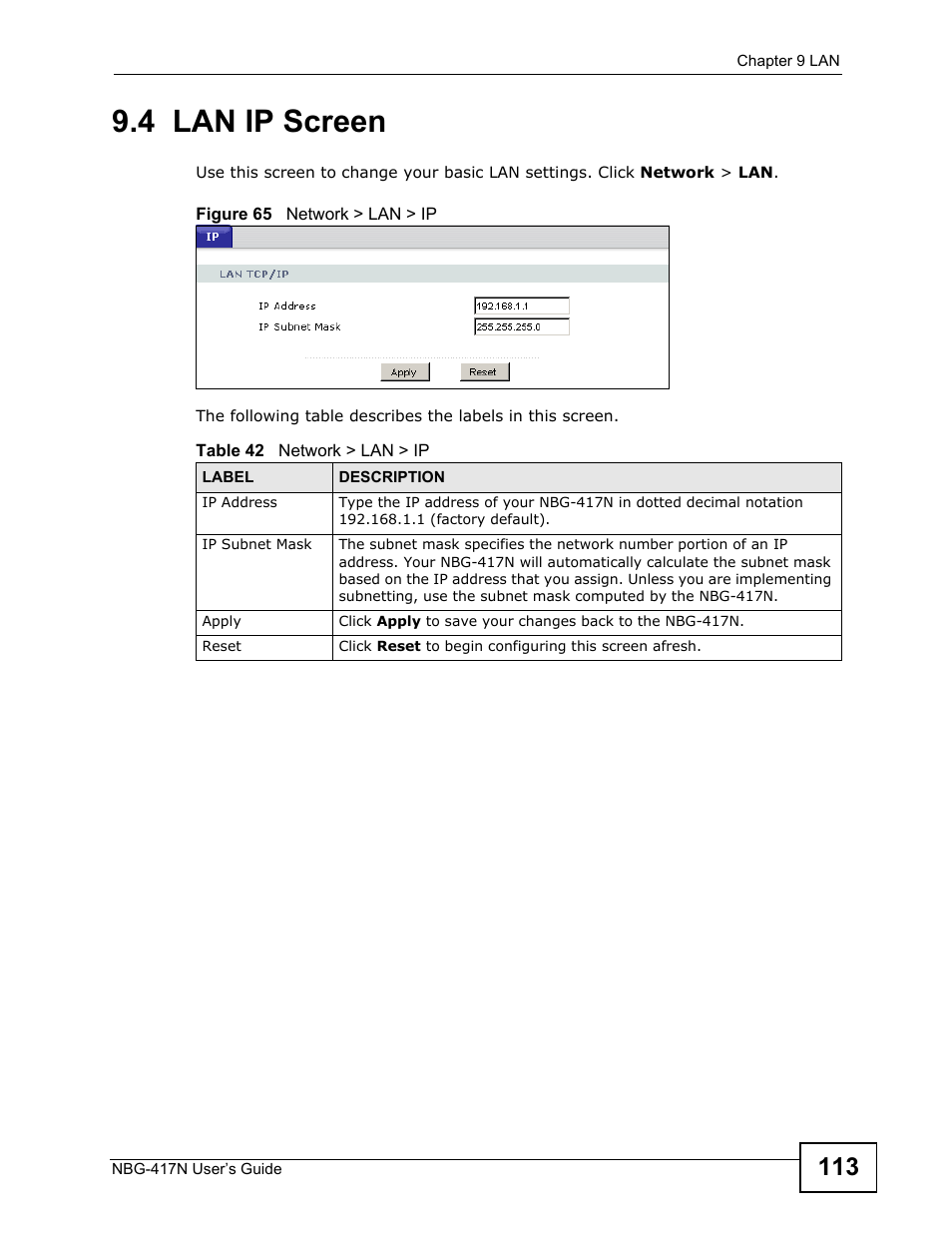 4 lan ip screen | ZyXEL Communications NBG-417N User Manual | Page 113 / 270